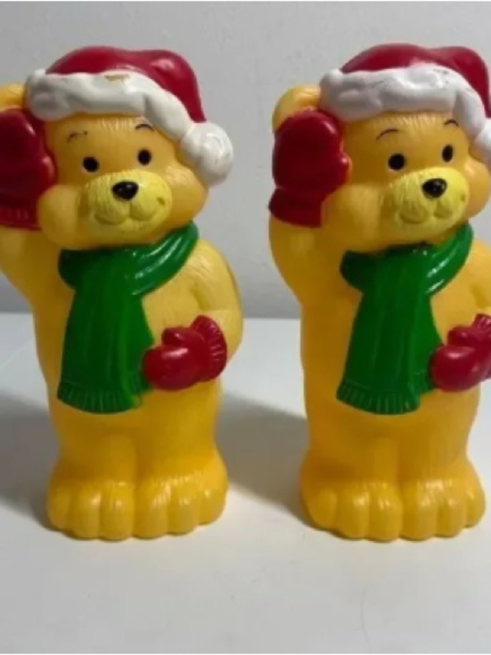 Festive Yellow Bear Holiday Pillow Accent with Green Scarf and Red Hat